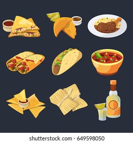 Different mexican foods in cartoon style. Traditional cuisine. Chicken, tacos and tequila vector illustrations