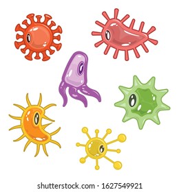 Different Microorganisms Isolated On White Background. Bacterial Cartoon Set Vector Illustrated.