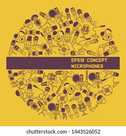 Different microphones banner vector illustration. Music festival. Live speech. Music recording for singers. Modern wireless microphones for press and mass media. Earphones.