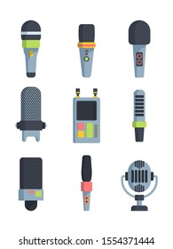 Different microphones flat vector illustrations set. Variety of modern mics. Sound converter isolated cliparts color pack on white background. Music recorders. Radio, television equipment collection