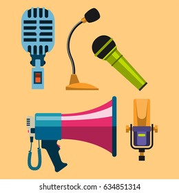 Different microphones types icons journalist vector interview music broadcasting vocal tool tv tool.