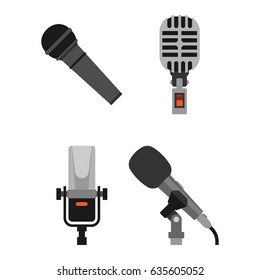 Different microphones types icons journalist vector interview music broadcasting vocal tool tv tool.