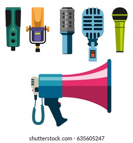 Different microphones types icons journalist vector interview music broadcasting vocal tool tv tool.