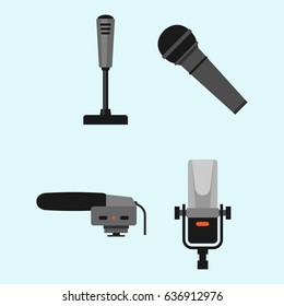 Different microphones types icons journalist vector interview music broadcasting vocal tool tv tool.