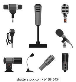 Different microphones types icons journalist vector interview music broadcasting vocal tool tv tool.