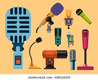 Different microphones types icons journalist vector interview music broadcasting vocal tool tv tool.