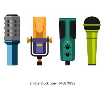 Different microphones types icons journalist vector interview music broadcasting vocal tool tv tool.
