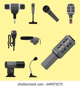 Different microphones types icons journalist vector interview music broadcasting vocal tool tv tool.