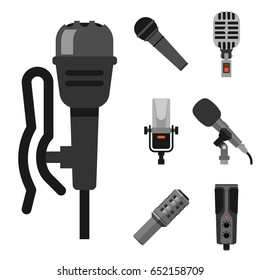 Different microphones types icons journalist vector interview music broadcasting vocal tool tv tool.