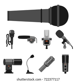 Different microphones types icons journalist vector interview music broadcasting vocal tool tv tool.