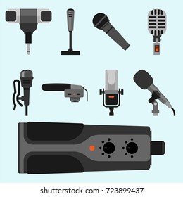 Different microphones types icons journalist vector interview music broadcasting vocal tool tv tool.