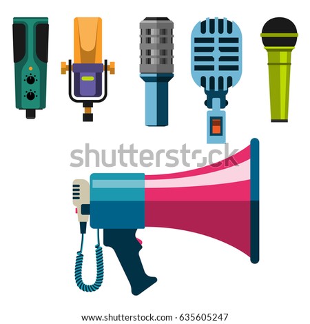 Different microphones types icons journalist vector interview music broadcasting vocal tool tv tool.