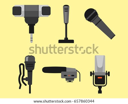 Different microphones types icons journalist vector interview music broadcasting vocal tool tv tool.
