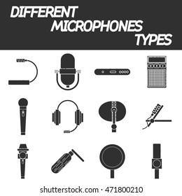Different microphones types icons set