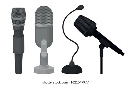 Different Microphones Vector Set. Equipment for Vocal Performance