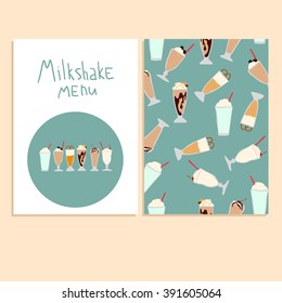 Different milkshakes set on blue background. Menu template can be used for cafe, restaurant. Vector illustration