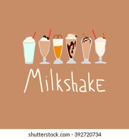 Different milkshakes set on brown background. Vector illustration