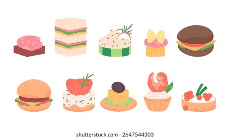 Different mini snacks for buffet or party. Breakfast sandwiches, burgers. Tasty food with bread cheese shrimp bacon caviar, vector clipart