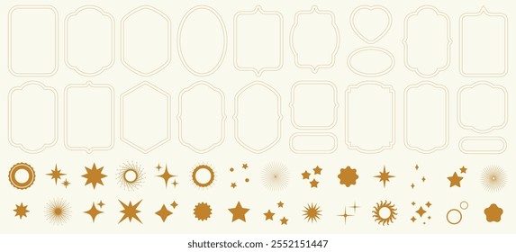 Different minimal aesthetic frames, lines shapes. Trendy geometric forms, elements. Simple shapes forms, symbols and frames. Oval, circle and arc shape frames with borders. Magical sparkle, glow set
