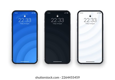 Different Minimal Blue Black Light Grey 3D Smooth Blurred Lines Wallpaper Set On Photo Realistic Cell Phone Screen Isolated On White Background. Various Vertical Abstract Screensavers For Smartphone - Shutterstock ID 2264455459