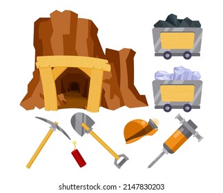Different mining elements vector illustrations set. Clipart with mine, cave or tunnel entrance, detonator or dynamite, pickaxe, minecarts with stones and rocks on white background. Mining concept