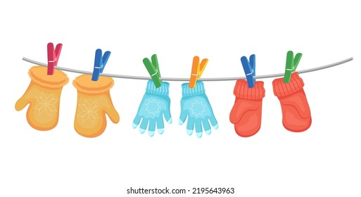 Different mittens hanging on the rope, set, vector illustration. Wool winter glovesmittens dry and hang on laundry string with clothespins. Vector illustration