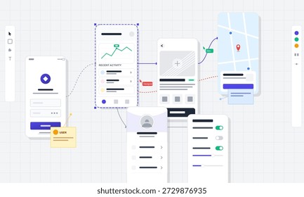 Different mobile app screens are arranged showing user interface design. Elements include data charts, buttons, and user profiles. There is a map with a location pin and design tools.