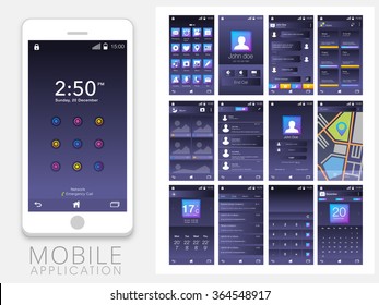 Different Mobile Apps Screens User Interface kit including Calling, Messaging, Notes, Album, Login, Map, Weather, Calculator and Calendar Screens with different flat web icons for Responsive Website.