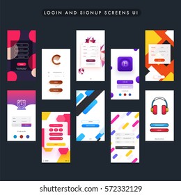 Different Mobile Login and Sign Up Screens set. Creative Material Design, UI, UX and GUI template for e-commerce business concept.