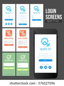 Different Mobile Login and Sign Up Screens set. Creative Material Design, UI, UX and GUI template for e-commerce business concept.