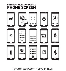 Different mobile screen mode. Mobile icons with different applications for use.