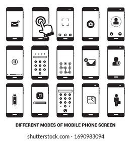 Unterschiedlicher mobiler Bildschirmmodus. Mobile Symbole mit verschiedenen Anwendungen zur Verwendung.