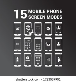 Different mobile screen mode. Mobile icons with different applications for use. Black background.
