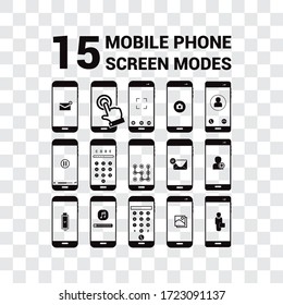 Different mobile screen mode. Mobile icons with different applications for use. Transparent background.