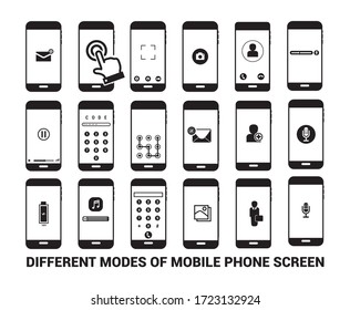 Modo de pantalla móvil diferente. Iconos móviles con diferentes aplicaciones para uso. 