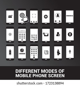 Different mobile screen mode. Mobile icons with different applications for use. Black background.
