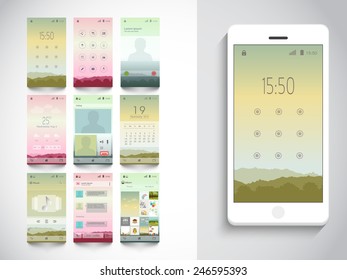 Different mobile screens UI, UX, and GUI with flat icon and web elements for Mobile Apps and Responsive Mobile Website Design including login screen, locked screen, calling screen, chat screens. 