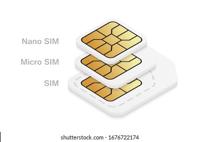 Different mobile sim card size. Standard, micro and nano phone card.