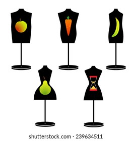 different model of female figures - apple, pear, carrot, banana, minute-glass