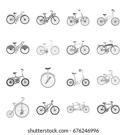Different models of bicycles. Different bicycle set collection icons in monochrome style vector symbol stock illustration web.
