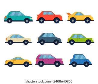 Different models cars set in flat style side view. Vehicle collection. Car silhouettes. Transportation symbol. Vector illustration
