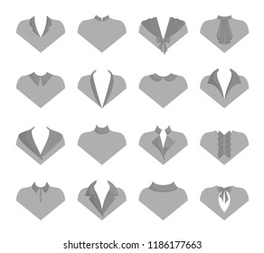 Different models of collars. Patterns of clothing with examples of different collars. Vector.