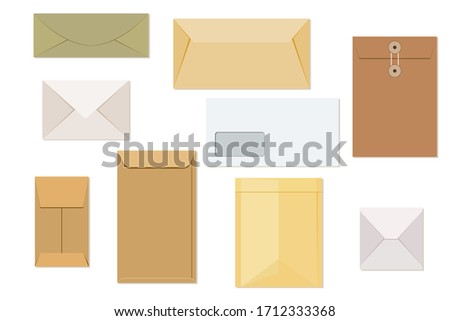 Different models of envelopes mock ups isolated on a white background. Illustration.