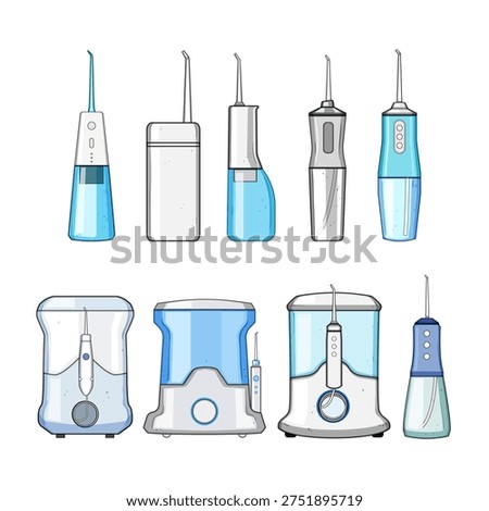 Different models of oral irrigators and water flossers are lined up, illustrating various designs of dental care equipment used for cleaning teeth and gums daily