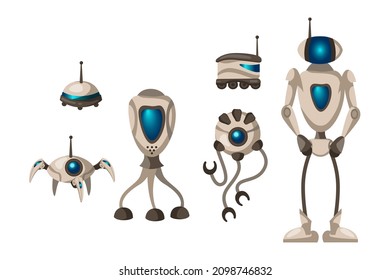 Different models of robots vector illustrations set. Cyborg cartoon character or humanoids, evolution of modern technology isolated on white background. Modern robots, technology concept