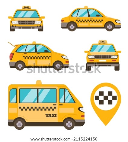 Different models of yellow taxi cab cars isolated set. Vector flat graphic design illustration 