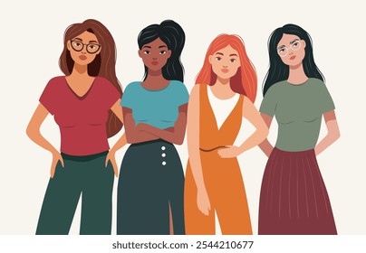 Different modern beautiful women standing together. Women's day card. Concept of gender equality and women's empowerment movement. Vector illustration with place for text in flat style