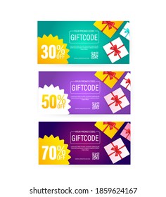 Different Modern birthday card with red giftcode for banner design. giftcode in modern style. Christmas banner. Vector design. Special offer sale template. Coupon ticket card.