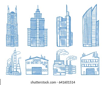 Different modern building with offices, industry and factories hand drawn illustration