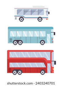 Different modern city buses. double-decker, shuttle and trip bus. Isolated vector illustrations in flat design